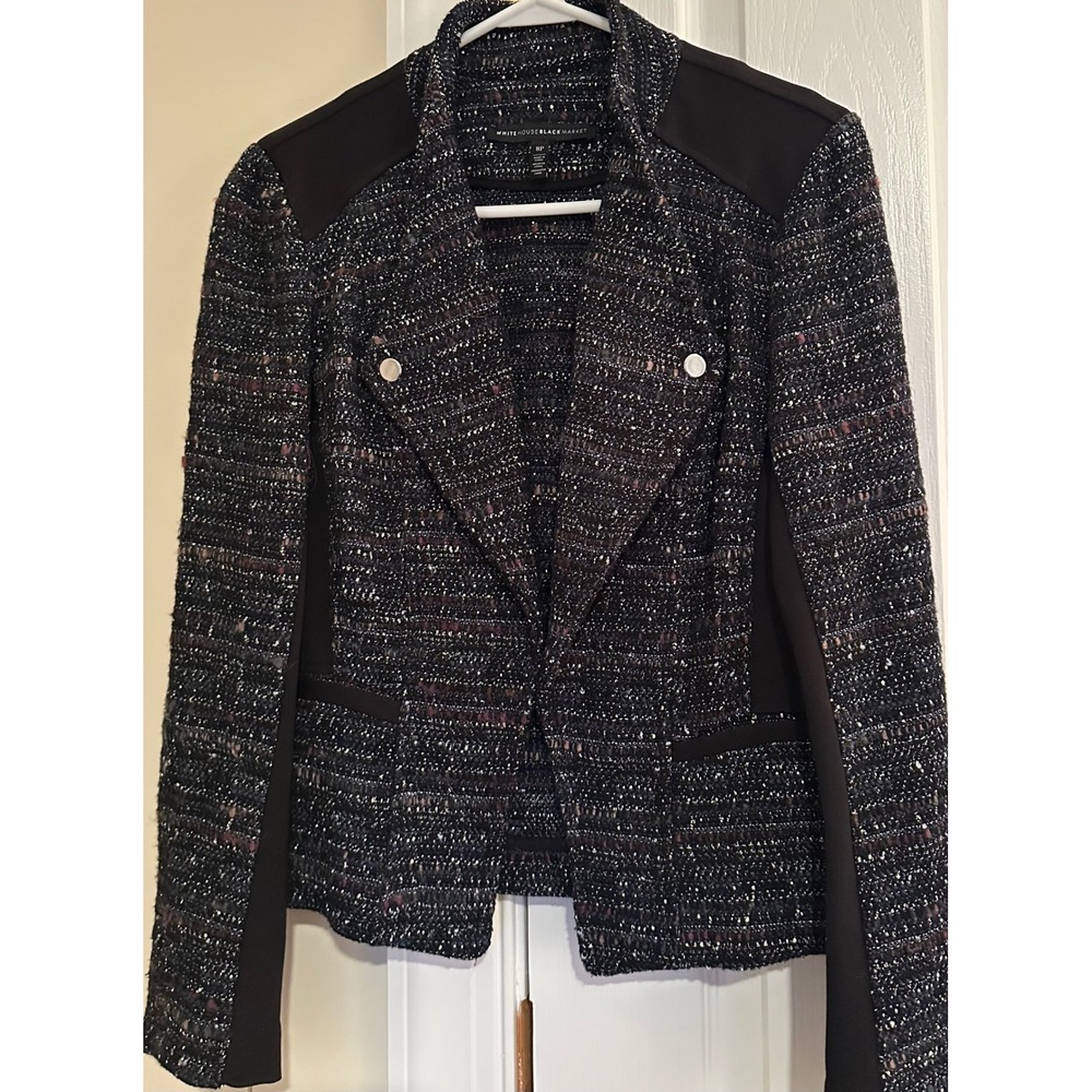 White House Black Market Tweed Moto Jacket Black Multi Color Knit Blazer Size 8P